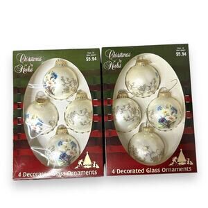 Vintage Krebs Glass 2 5/8" Floral Ornaments TWO Sets Of 4 Daisy Gold Cottage